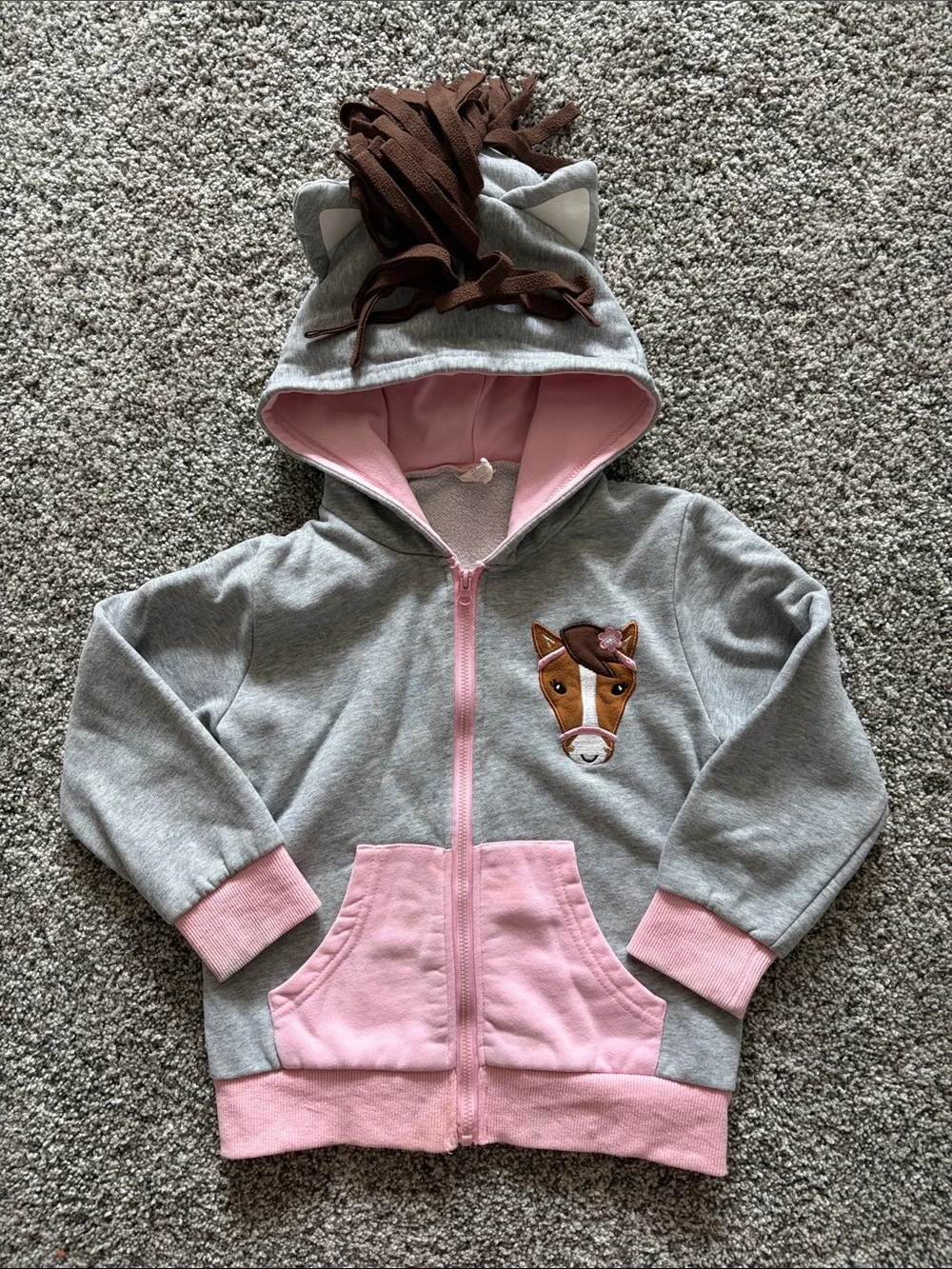 Doodle Pants Gray & Pink Horse Hoodie with Mane Hood